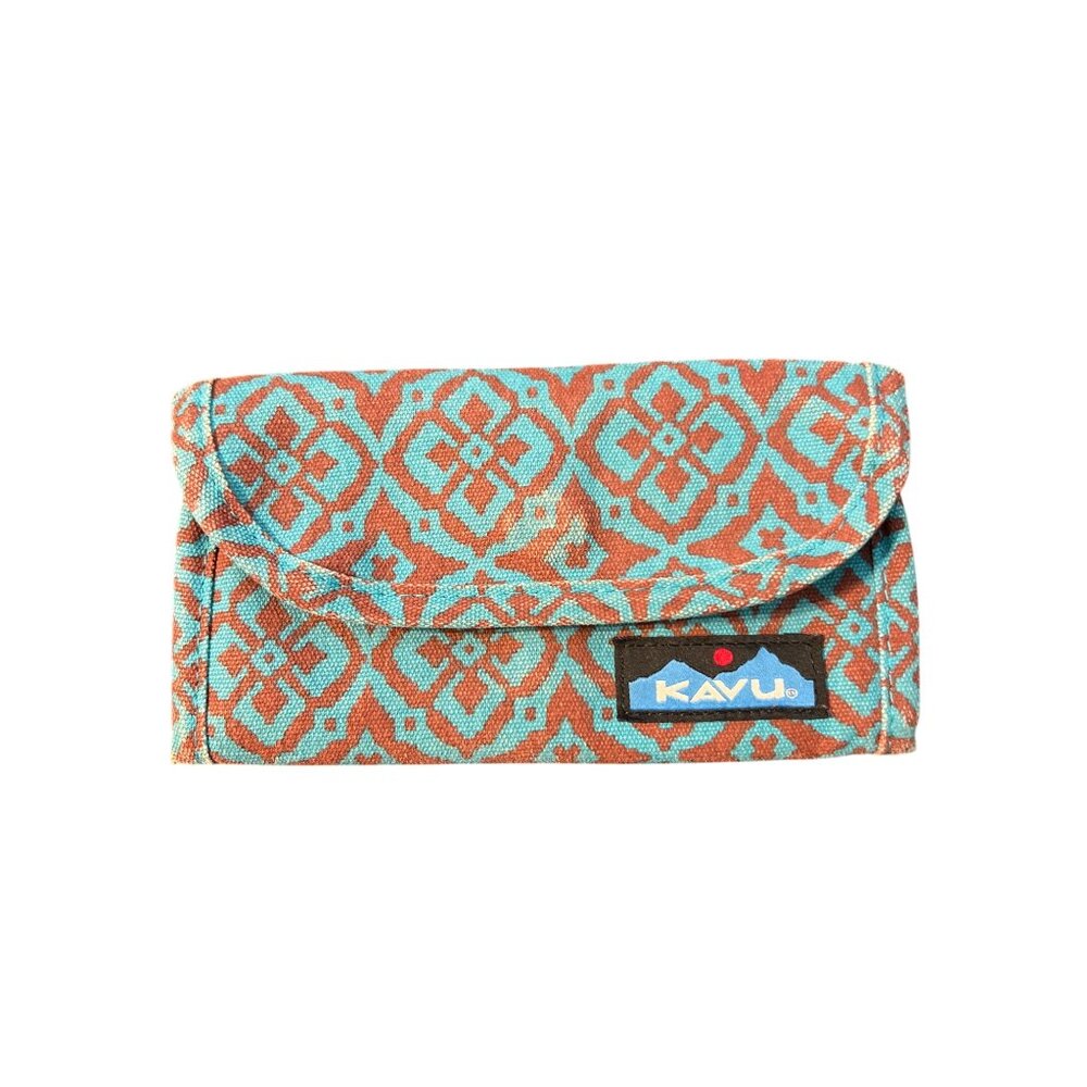 Kavu Trendy Geometric Print Wallet Blue Brown Trifold Zip Pocket ID Holder READ